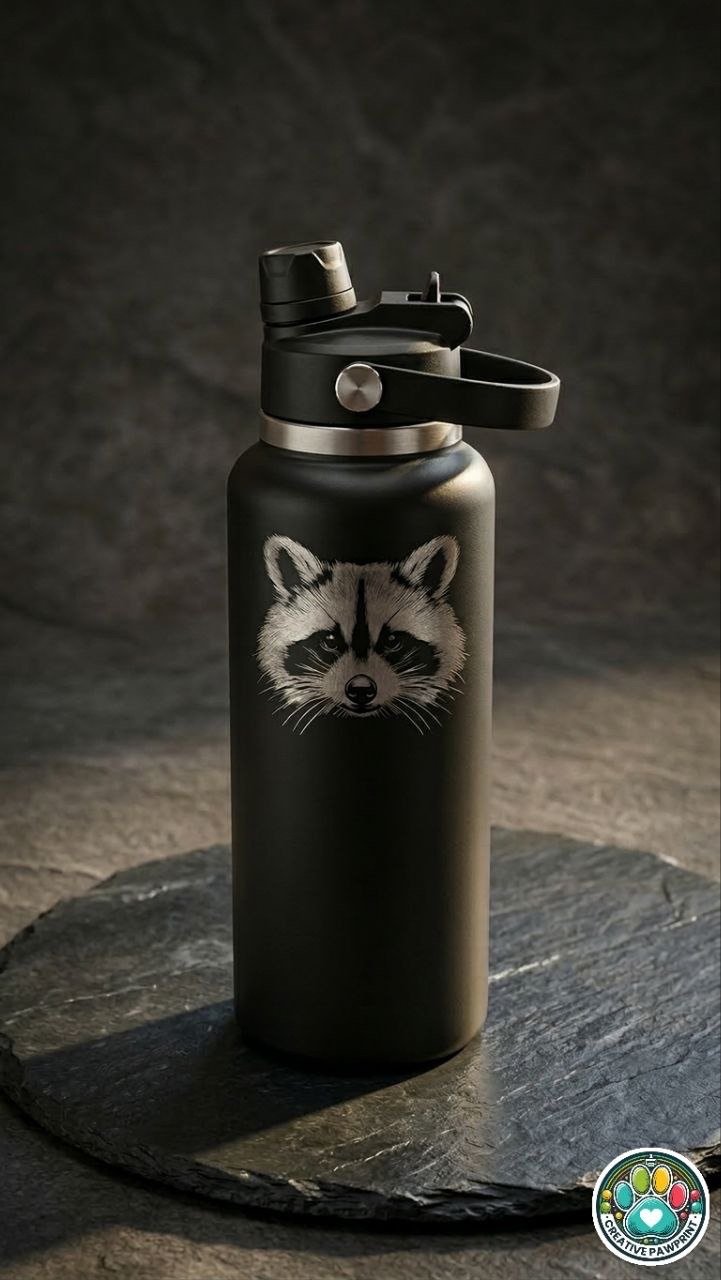 Botella negra grabado mapache laser engraving